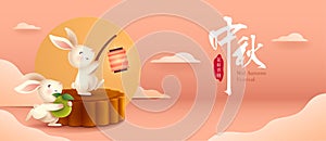 3D illustration of Mid Autumn Mooncake Festival theme with cute rabbit character on mooncake podium on paper graphic oriental clou
