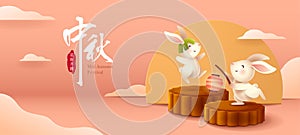 3D illustration of Mid Autumn Mooncake Festival theme with cute rabbit character on mooncake podium on paper graphic oriental clou