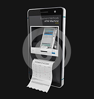 3d illustration of Mobile online banking and payment concept. Smart phone as ATM isolated on black background