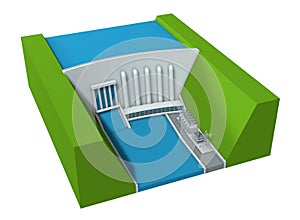 3d illustration. Model of a hydroelectric power plant