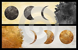 3d illustration modern canvas wall poster. Phases of the full moon, black, golden and gray color for interior home decoration