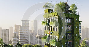 3D illustration of modern eco-skyscraper with vertical vegetation on