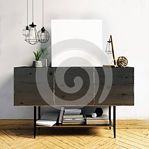 3d illustration, modern interior with credenza, poster and lamp.