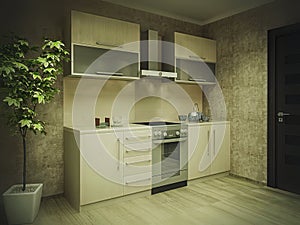 3d illustration of modern kitchen design concept in traditional style. Interior design of the kitchen in light colors.