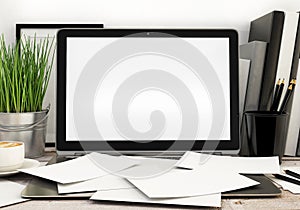 3D illustration of modern laptop template, messy workspace mock up, background