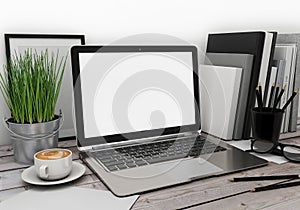 3D illustration of modern laptop template, workspace mock up, background
