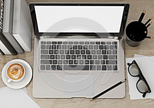 3D illustration of modern laptop template, workspace mock up, background