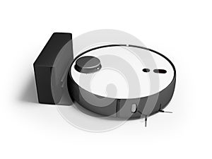 3d illustration of modern robot vacuum cleaner for dry cleaning with container with charger on white background with shadow