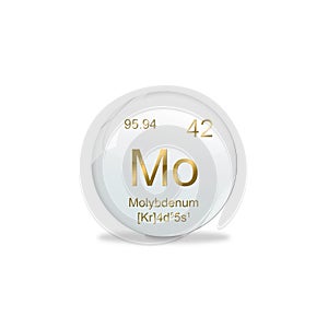 3D-Illustration, Molybdenum symbol - Mo. Element of the periodic table on white ball with golden signs. White background