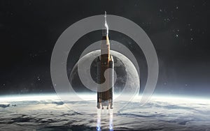 3D illustration of Moon and SLS rocket start. Artemis space program. 5K realistic science fiction art. Elements of image provided