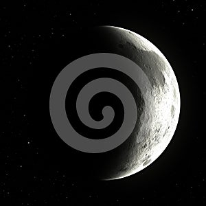 3D illustration of the Moon, in the waxing crescent lunar phase at northern hemisphere of planet earth