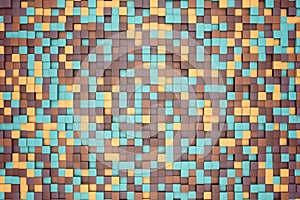 3d illustration: mosaic abstract background, colored blocks brown, green, beige, orange, yellow color. Range of shades. small squa