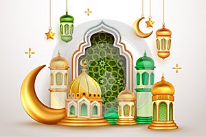 3d illustration mosque and crescent with arabesque decorations vector