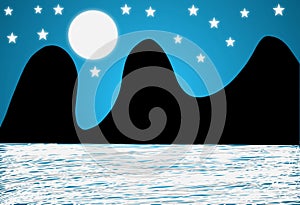 3D illustration Mountin in sea with moon and stars abstract blue background