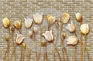 3d illustration mural art . golden flowers on wall bricks .