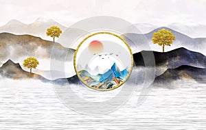 3d illustration mural landscape wallpaper. golden, black and gray mountains and trees in light background. sunset and white clouds