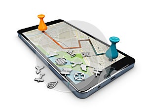 3d illustration of navigation GPS application and navigation signs, white