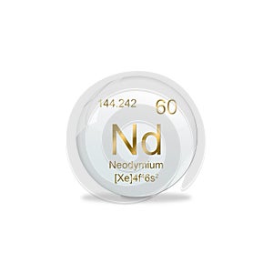 3D-Illustration, Neodymium symbol - Nd. Element of the periodic table on white ball with golden signs. White background