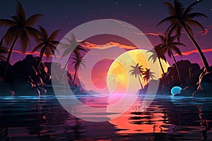 3D illustration Neon sunset, palm trees in a retro album cover