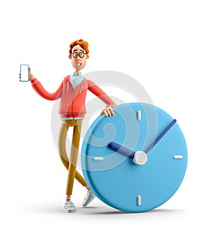 3d illustration. Nerd Larry with big clock. Time management concept.