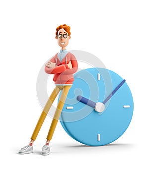 3d illustration. Nerd Larry with big clock. Time management concept.