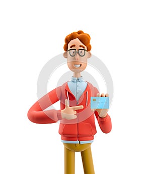 3d illustration. Nerd Larry with credit or debit card.