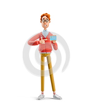 3d illustration. Nerd Larry with credit or debit card.