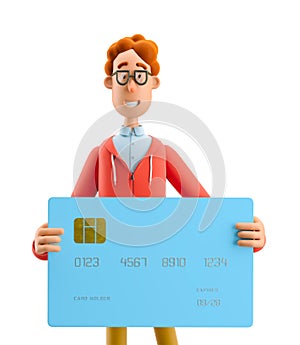 3d illustration. Nerd Larry with credit or debit card.