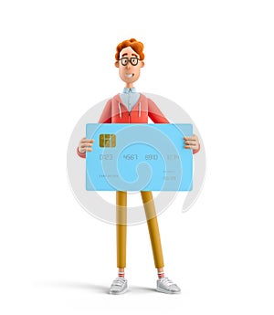 3d illustration. Nerd Larry with credit or debit card.