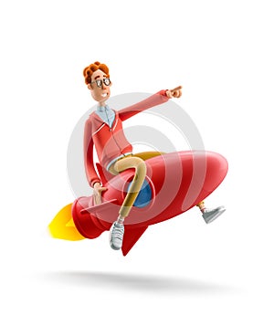 3d illustration. Nerd Larry is flying on a rocket. Innovation and Startup Concept.