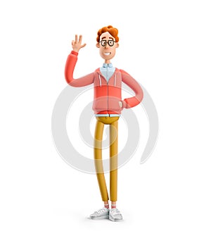 3d illustration. Nerd Larry greeting you. Peace gesture.