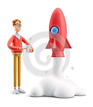 3d illustration. Nerd Larry launches a rocket. Innovation and Startup Concept.