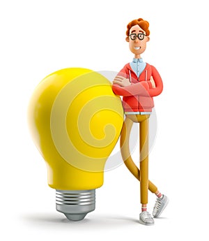 3d illustration. Nerd Larry  with lightbulb. Idea and innovation technology concept.