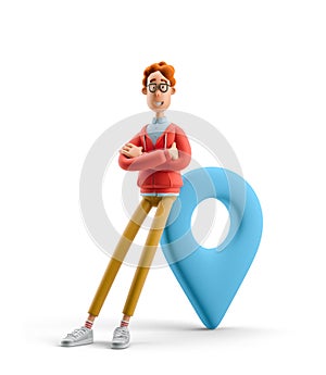 3d illustration. Nerd Larry with pin sign. Navigation concept.