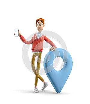 3d illustration. Nerd Larry with pin sign. Navigation concept.