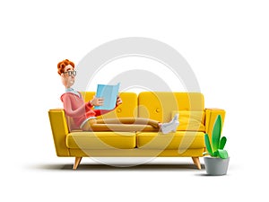 3d illustration. Nerd Larry reading a book on the couch