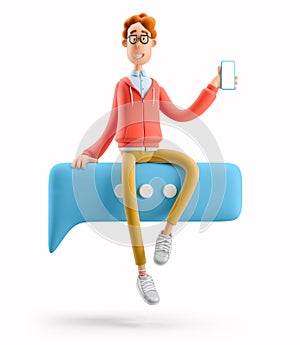 3d illustration. Nerd Larry sits on a bubble talk. Social media concept.