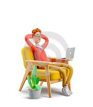 3d illustration. Nerd Larry sits is resting in a chair and watching a video on a laptop.
