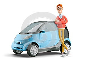 3d illustration. Nerd Larry with smart car. Car sharing concept.