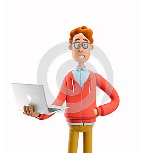 3d illustration. Nerd Larry stand with laptop.