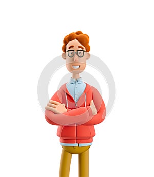 3d illustration. Nerd Larry standing with hands crossed.