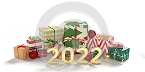 3d illustration. New year 2022 card with Christmas gifts boxes in a row