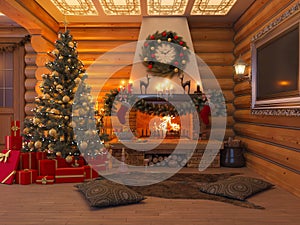 3D illustration New year interior with Christmas tree, presents
