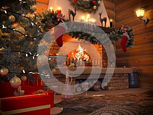 3D illustration New year interior with Christmas tree, presents