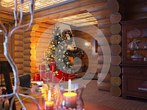 3D illustration New year interior with Christmas tree, presents