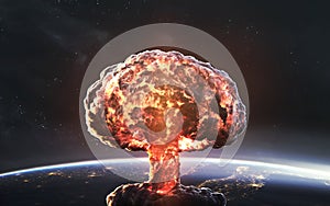 3D illustration of Nuclear explosion over planet earth. World war, end of civilization. Elements of image provided by Nasa