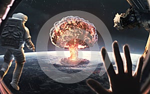 3D illustration of Nuclear explosion over planet earth. World war, end of civilization. Elements of image provided by Nasa