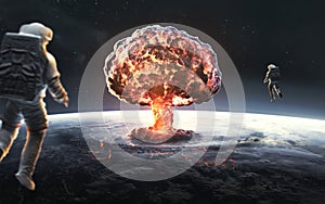 3D illustration of Nuclear explosion over planet earth. World war, end of civilization. Elements of image provided by Nasa