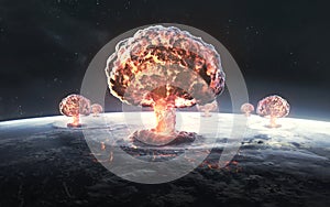 3D illustration of Nuclear explosions over planet earth. World war, end of civilization. Elements of image provided by Nasa