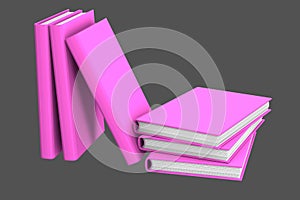 3d illustration of object - high detail pile of purple books closed, school concept isolated on grey background